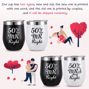 2 Pack 50th Anniversary Couple Cups Present, 50 Years of Being MR/MRS Always Right, Funny Wedding Anniversary Present for Grandparents, 12 oz Wine Tumbler for Celebrating Golden 50th Anniversary
