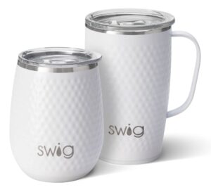 swig life golf am+pm gift set, includes (1) 18oz travel mug + (1) 14oz stemless wine tumbler