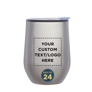 custom stemless wine tumblers 12 oz. set of 24, personalized bulk pack - insulated, perfect for wine, cocktails, other hot & cold beverages - silver