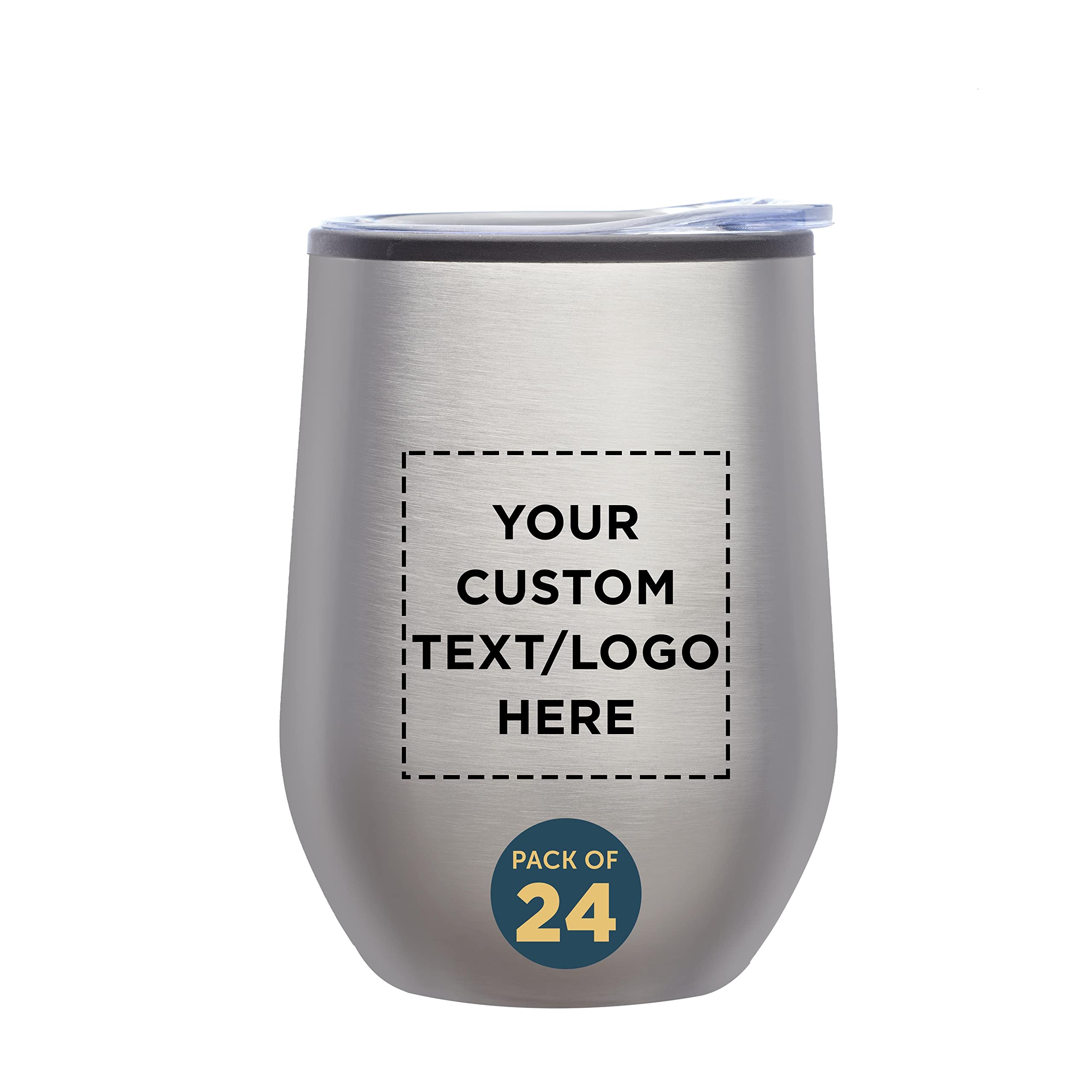 Custom Stemless Wine Tumblers 12 oz. Set of 24, Personalized Bulk Pack - Insulated, Perfect for Wine, Cocktails, Other Hot & Cold Beverages - Silver