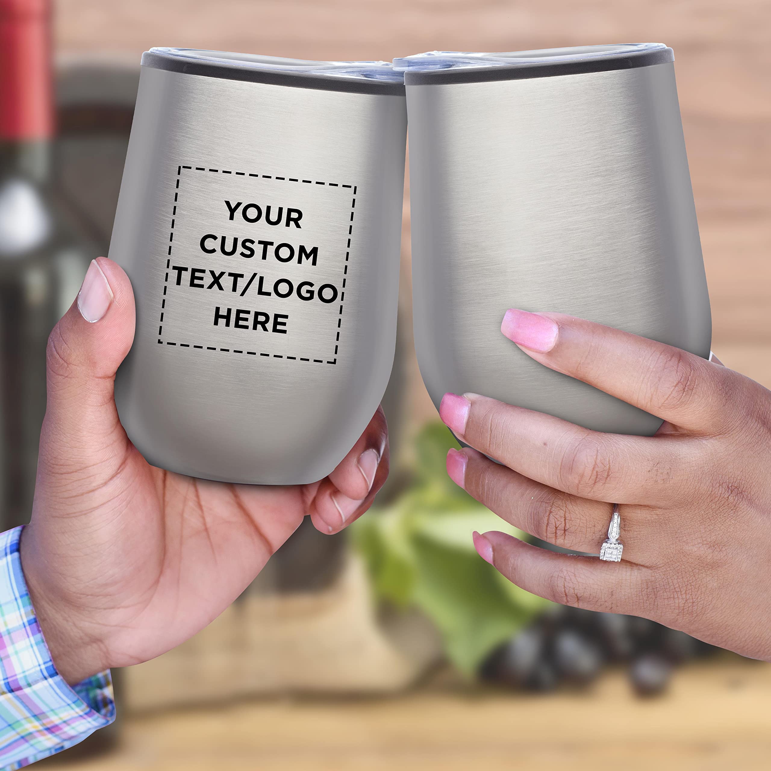 Custom Stemless Wine Tumblers 12 oz. Set of 24, Personalized Bulk Pack - Insulated, Perfect for Wine, Cocktails, Other Hot & Cold Beverages - Silver