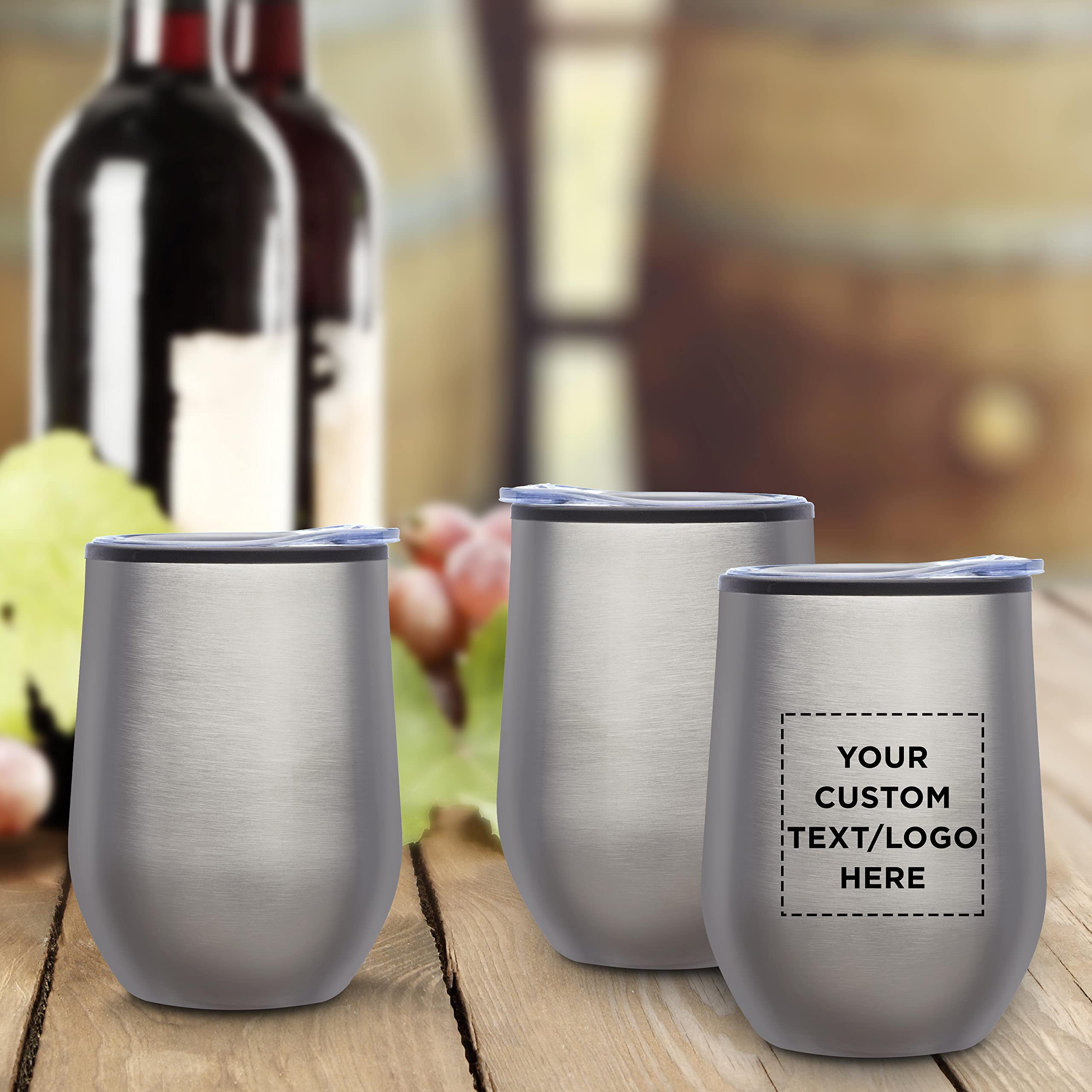 Custom Stemless Wine Tumblers 12 oz. Set of 24, Personalized Bulk Pack - Insulated, Perfect for Wine, Cocktails, Other Hot & Cold Beverages - Silver