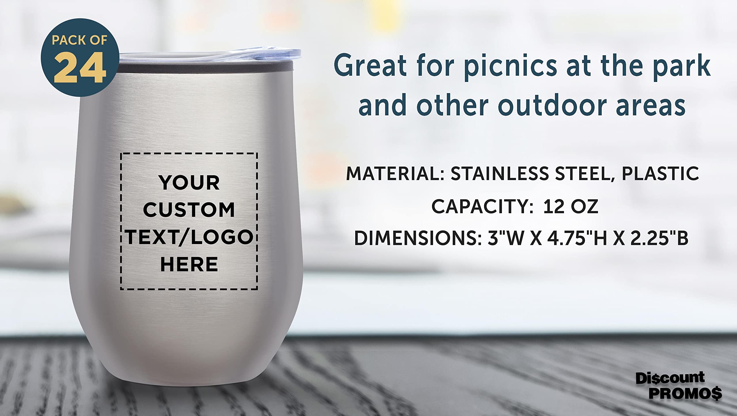 Custom Stemless Wine Tumblers 12 oz. Set of 24, Personalized Bulk Pack - Insulated, Perfect for Wine, Cocktails, Other Hot & Cold Beverages - Silver