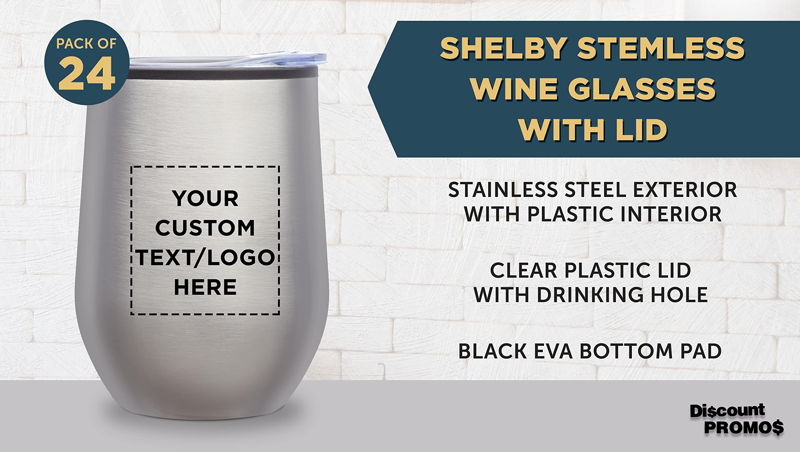 Custom Stemless Wine Tumblers 12 oz. Set of 24, Personalized Bulk Pack - Insulated, Perfect for Wine, Cocktails, Other Hot & Cold Beverages - Silver