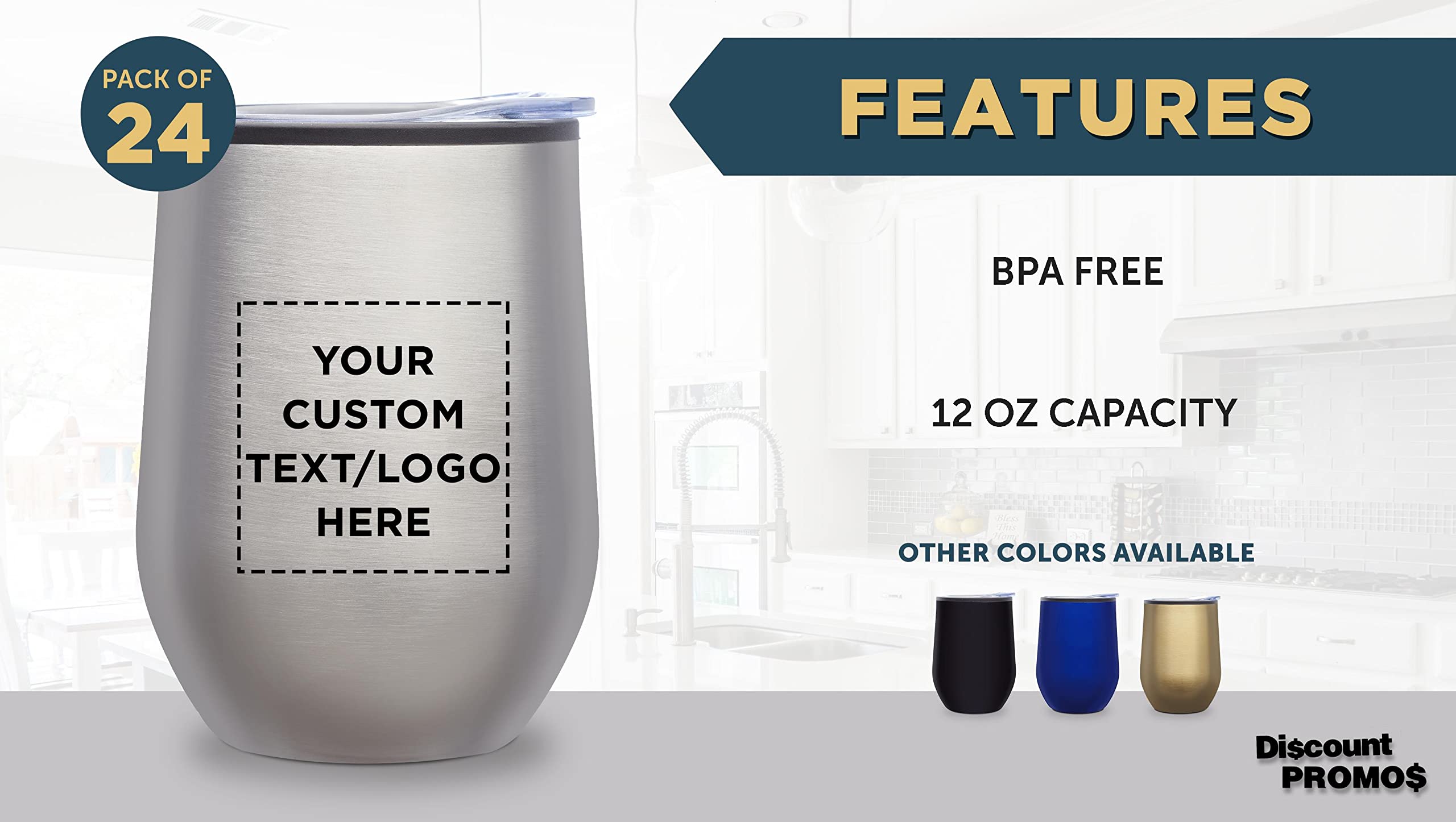 Custom Stemless Wine Tumblers 12 oz. Set of 24, Personalized Bulk Pack - Insulated, Perfect for Wine, Cocktails, Other Hot & Cold Beverages - Silver