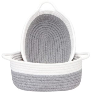 sea team 2-pack cotton rope baskets, 10 x 7 x 4 inches small woven storage basket, fabric tray, bowl, oval open dish for fruits, jewelry, keys, sewing kits (grey & white)