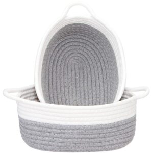 Sea Team 2-Pack Cotton Rope Baskets, 10 x 7 x 4 Inches Small Woven Storage Basket, Fabric Tray, Bowl, Oval Open Dish for Fruits, Jewelry, Keys, Sewing Kits (Grey & White)