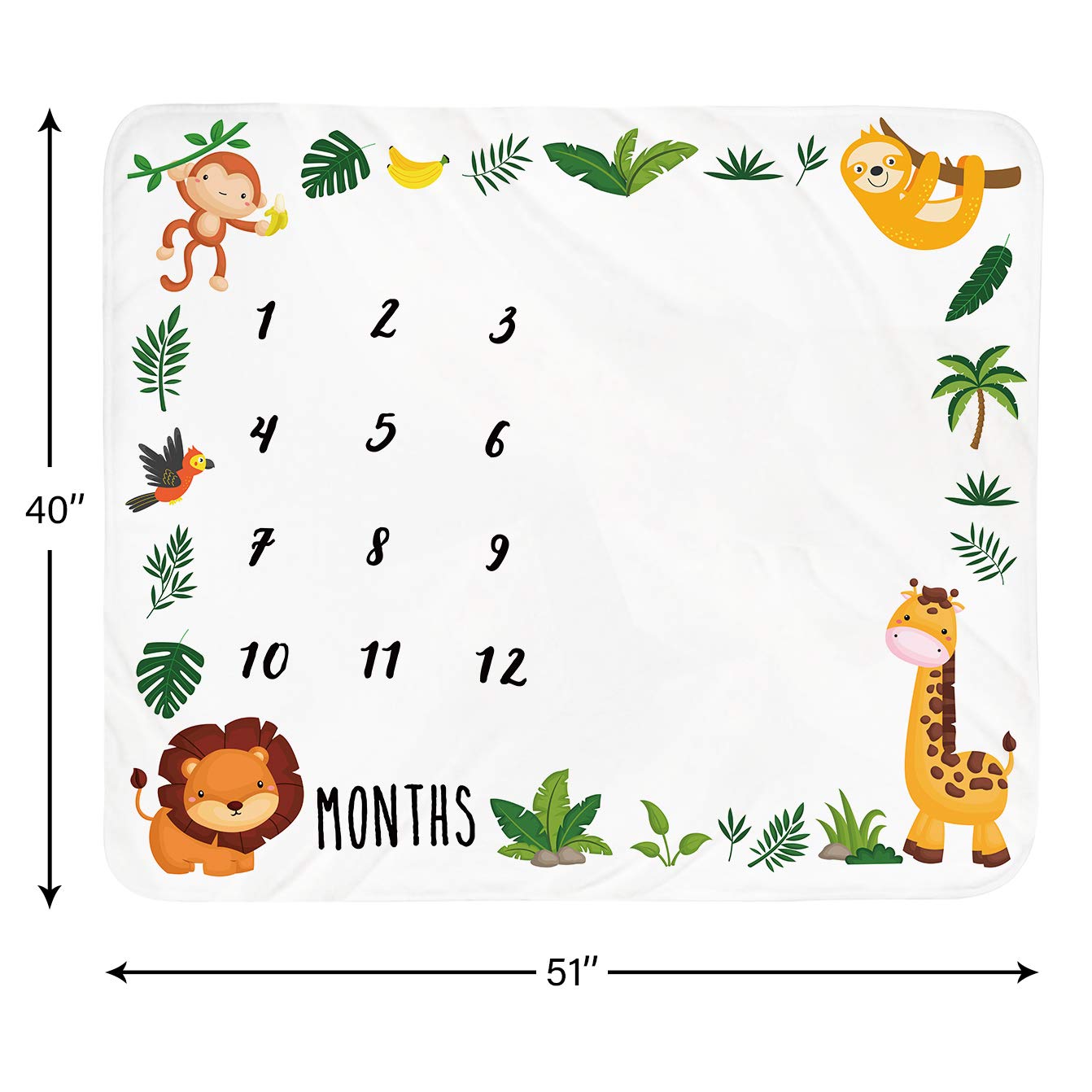 Baby Monthly Milestone Blanket Boy - Jungle Animals Neutral Newborn Month Blanket for Boy & Girl Personalized Shower Gift Safari Nursery Decor Photography Background Prop with Frame Large 51''x40''