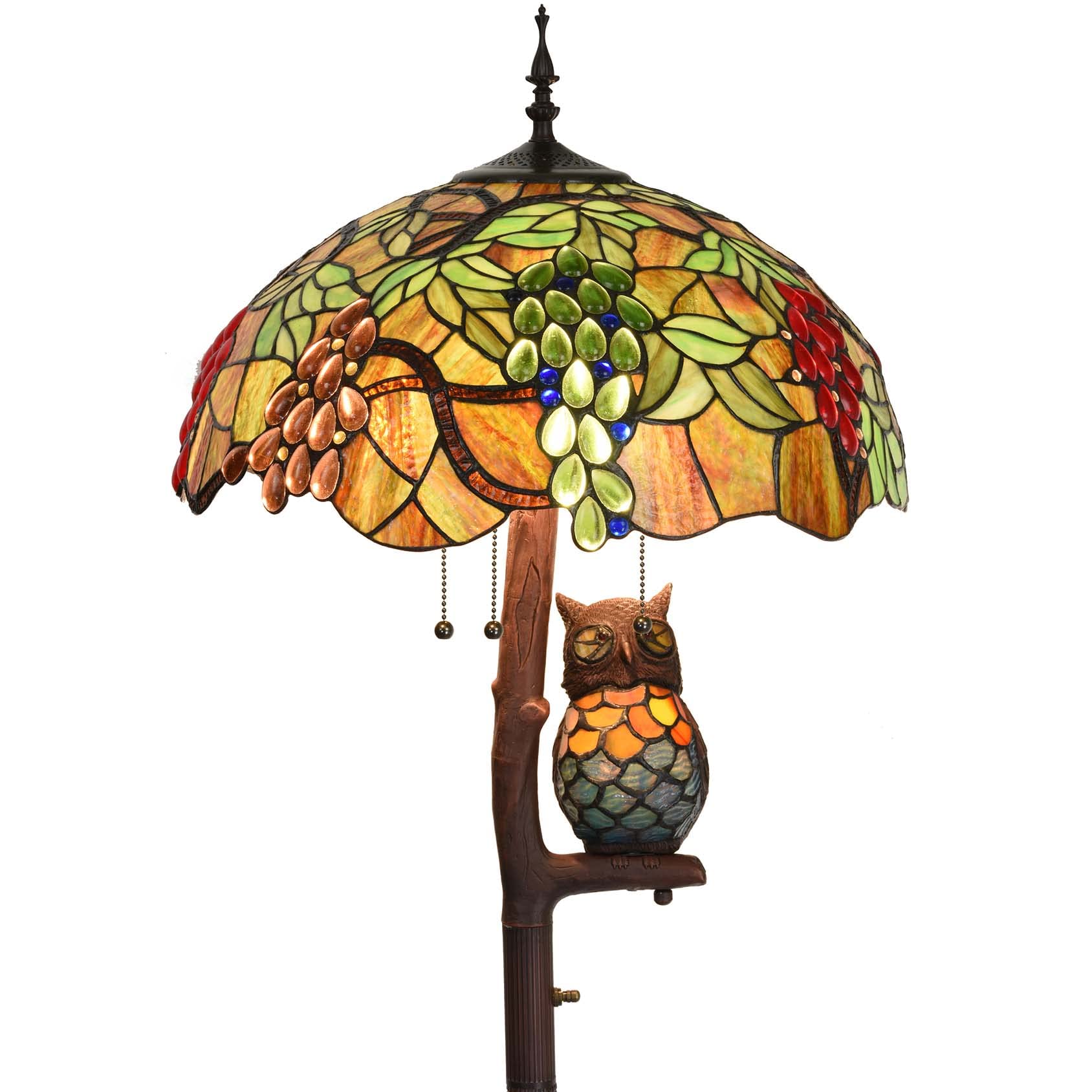 Bieye L10766 Grapes Tiffany Style Stained Glass Double-Lit Floor Lamp with Owl Night Light, 18" Wx65 H