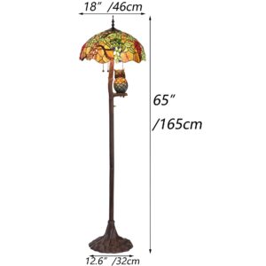 Bieye L10766 Grapes Tiffany Style Stained Glass Double-Lit Floor Lamp with Owl Night Light, 18" Wx65 H