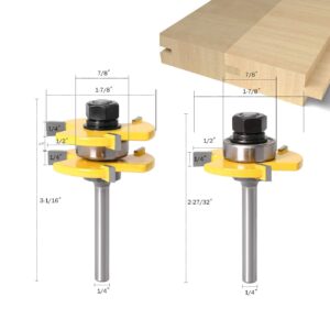 WICHEMI 1/4 Shank Tongue and Groove Router Bits+ 1/4 Shank 45° Lock Miter Router Bit, Wood Milling Cutter Woodworking Grooving Tool Kit for Router Table/Base Router/Kitchen/Bathroom