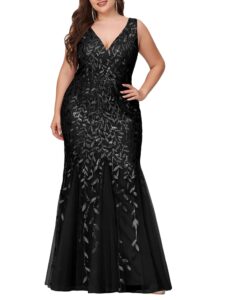 ever-pretty women's v-neck embroidered lace floor length plus size mermaid dress black us18