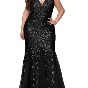 Ever-Pretty Women's V-Neck Embroidered Lace Floor Length Plus Size Mermaid Dress Black US18