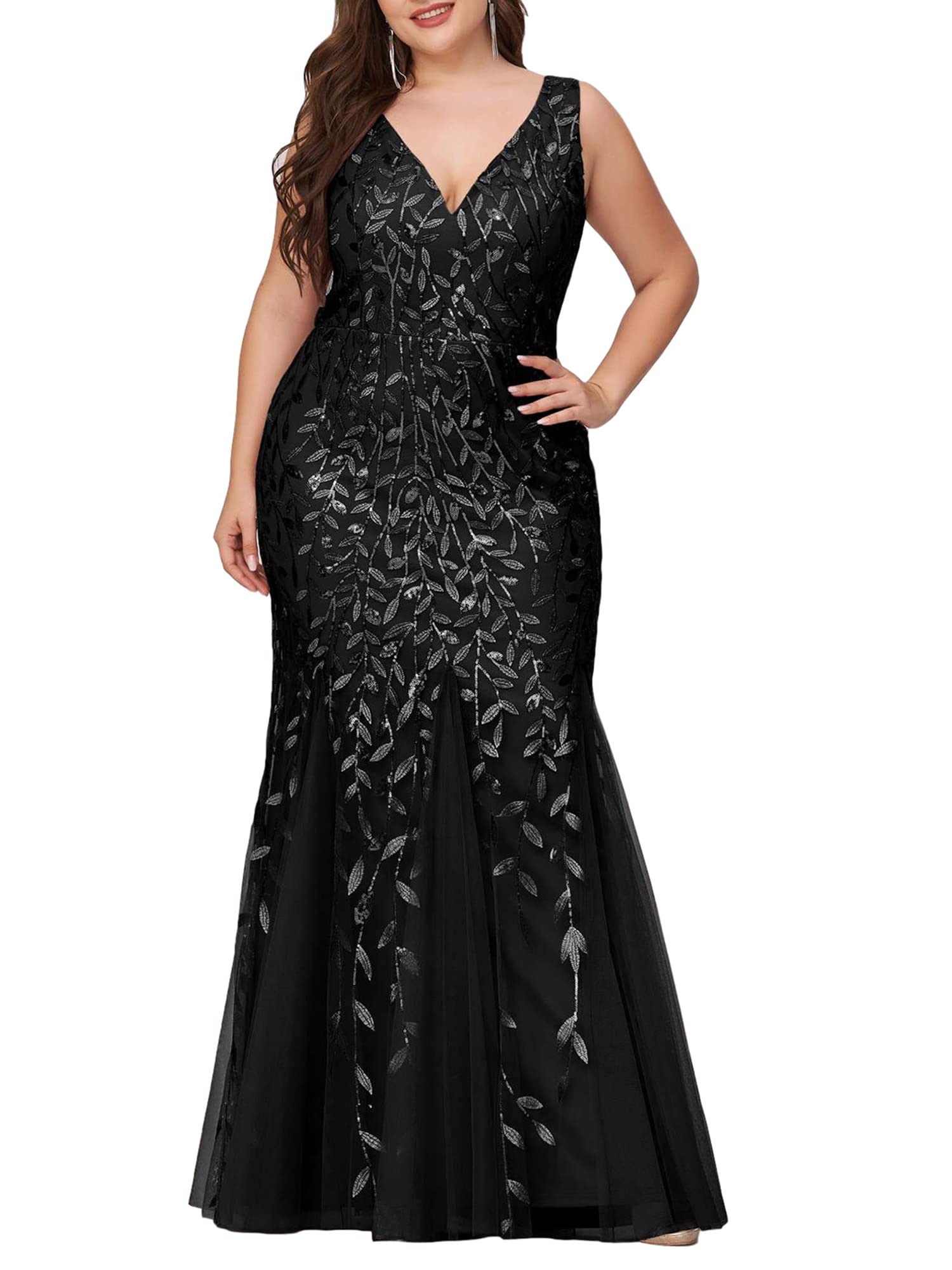 Ever-Pretty Women's V-Neck Embroidered Lace Floor Length Plus Size Mermaid Dress Black US18