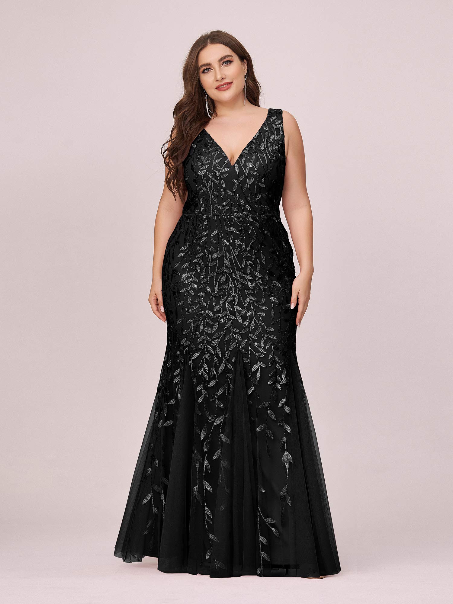 Ever-Pretty Women's V-Neck Embroidered Lace Floor Length Plus Size Mermaid Dress Black US18