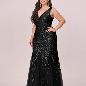 Ever-Pretty Women's V-Neck Embroidered Lace Floor Length Plus Size Mermaid Dress Black US18