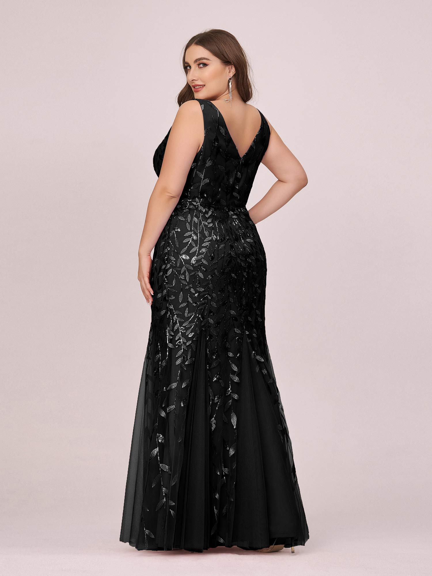 Ever-Pretty Women's V-Neck Embroidered Lace Floor Length Plus Size Mermaid Dress Black US18