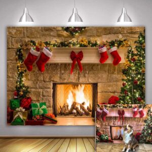 christmas vintage fireplace photo backdrop tree stockings xmas holiday party photography background photobooth happy new year cake table banner decorations photo studio props 5x3ft
