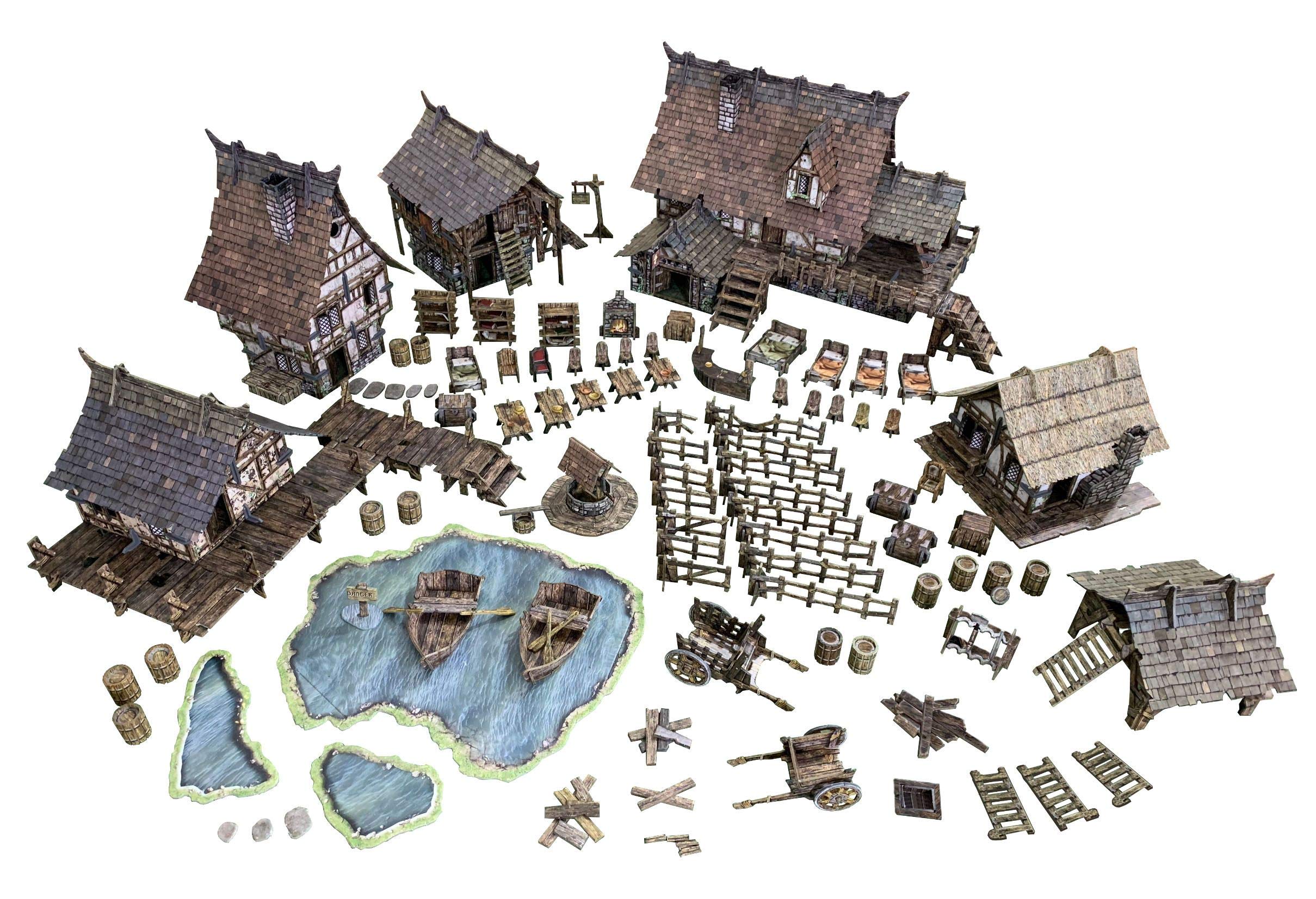 Battle Systems BSTFWC001 Fantasy Terrain Village Core Set - Multi Level Tabletop War Game - 28mm Miniature Wargaming Roleplaying - 420 Piece Modular Warhammer Battles Painted Model Scenery