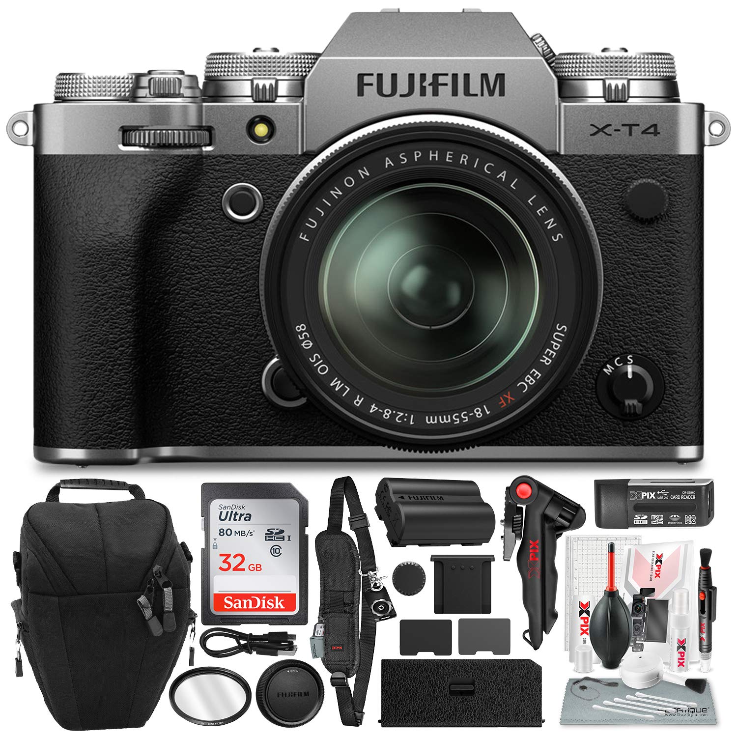 FUJIFILM X-T4 Mirrorless Digital Camera (Silver) with 32GB Memory Card, Essential Accessories, and Digital UV Filter Bundle