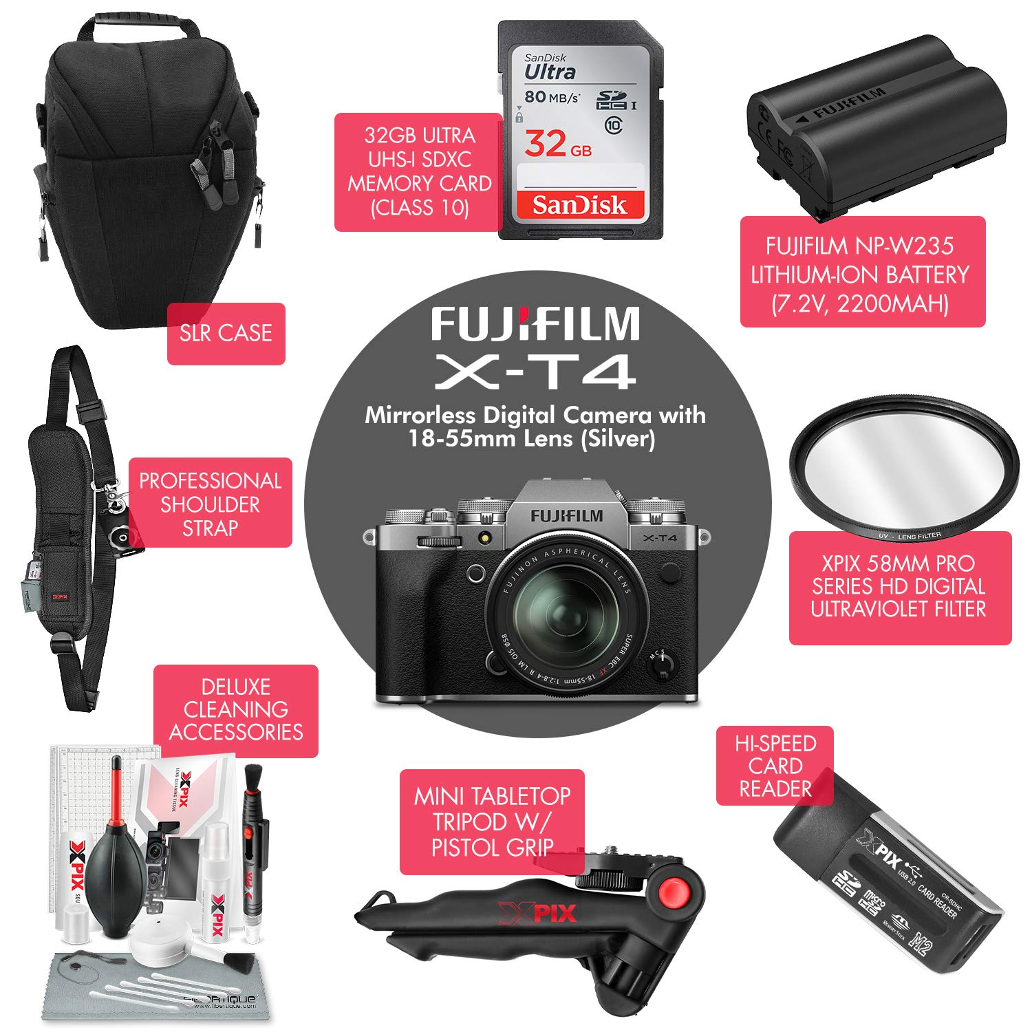 FUJIFILM X-T4 Mirrorless Digital Camera (Silver) with 32GB Memory Card, Essential Accessories, and Digital UV Filter Bundle