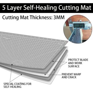 Headley Tools 18"x12" Thickened Self Healing Cutting Mat, A3 Rotary Cutting Sewing Mat for Crafts, Double Sided 5-Ply Table Cutting Board for Fabric Quilting Leather Hobby Project, Grey/Black