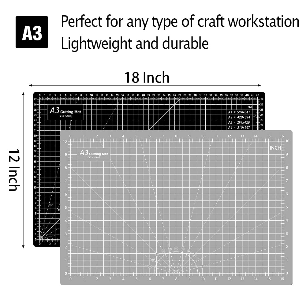 Headley Tools 18"x12" Thickened Self Healing Cutting Mat, A3 Rotary Cutting Sewing Mat for Crafts, Double Sided 5-Ply Table Cutting Board for Fabric Quilting Leather Hobby Project, Grey/Black