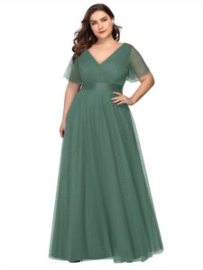 ever-pretty women's ruffle sleeves double v-neck tulle wedding party dresses plus size green us20