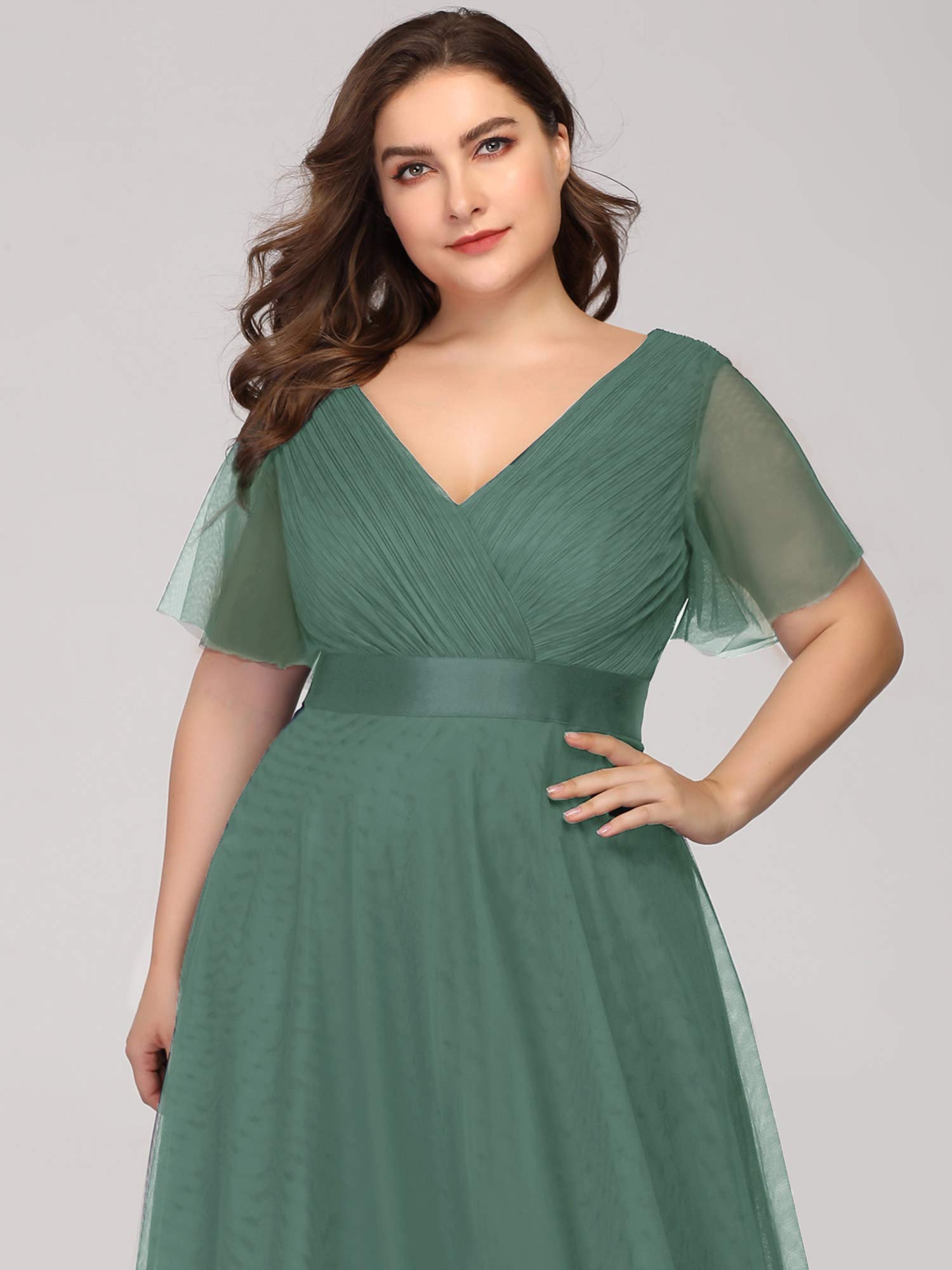 Ever-Pretty Women's Ruffle Sleeves Double V-Neck Tulle Wedding Party Dresses Plus Size Green US20
