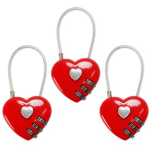 red heart padlock, mini code lock, wire rope 3-digit code combination padlock for travel bags/suitcase/lockers/backpacks/jewelry boxes, 3 packs