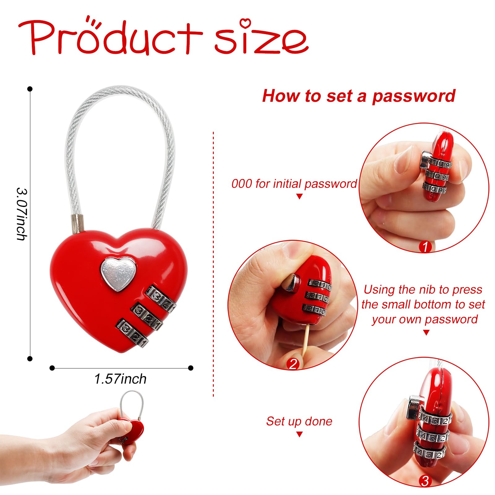 Red Heart Padlock, Mini Code Lock, Wire Rope 3-Digit Code Combination Padlock for Travel Bags/Suitcase/Lockers/Backpacks/Jewelry Boxes, 3 Packs