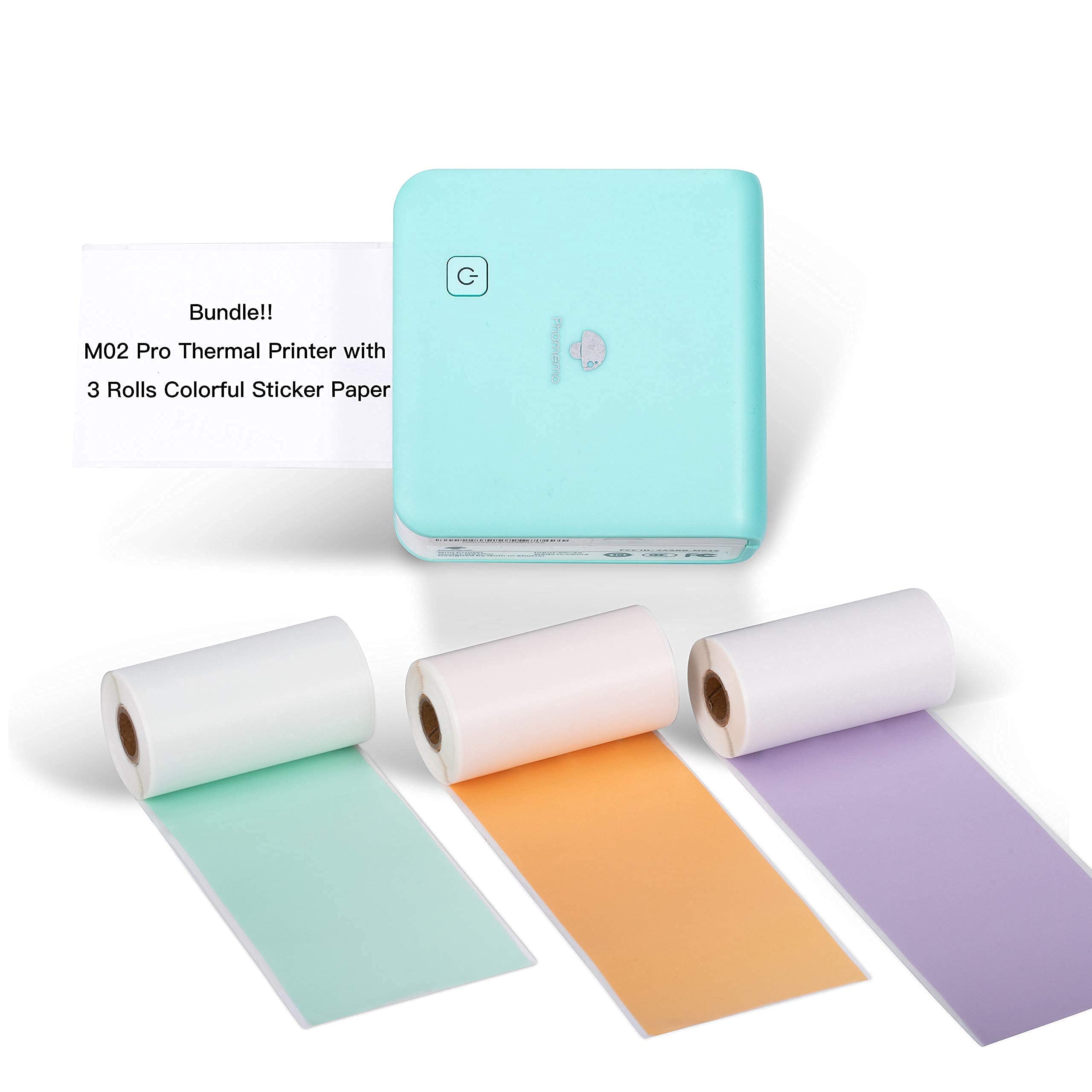 Phomemo M02 Pro Mini Printer- Bluetooth Thermal Photo Printer with 3 Rolls Colorful Sticker Paper, Compatible with iOS + Android for Plan Journal, Study Notes, Art Creation, Work, Gift