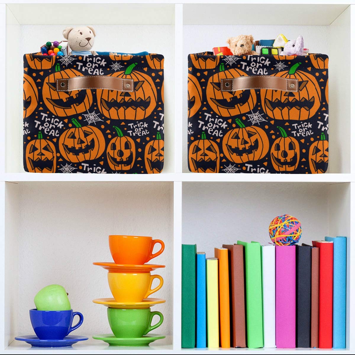 Rectangular Storage Bin Pumpkin Halloween Basket with Handles - Organizer Bin for Toys, Books, Laundry Basket for Kids/Pets, Playroom