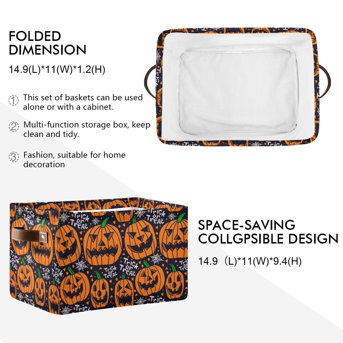 Rectangular Storage Bin Pumpkin Halloween Basket with Handles - Organizer Bin for Toys, Books, Laundry Basket for Kids/Pets, Playroom