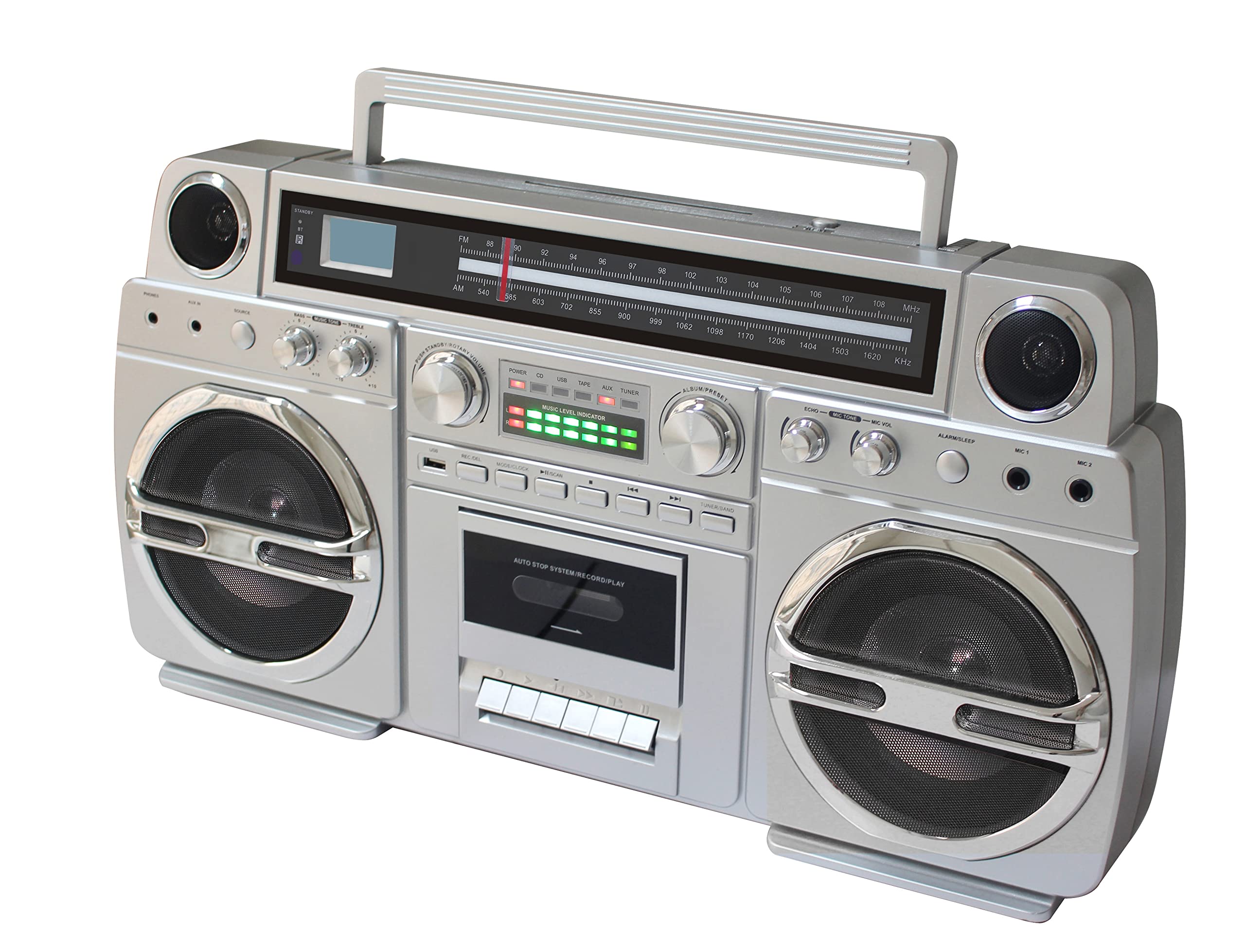 TechPlay Monster 1980S-Style Boom Box CD Player, Cassette Player/Recorder, AM/FM, USB, Bluetooth Speaker with Built-in Rechargeable Battery