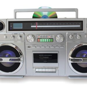 TechPlay Monster 1980S-Style Boom Box CD Player, Cassette Player/Recorder, AM/FM, USB, Bluetooth Speaker with Built-in Rechargeable Battery