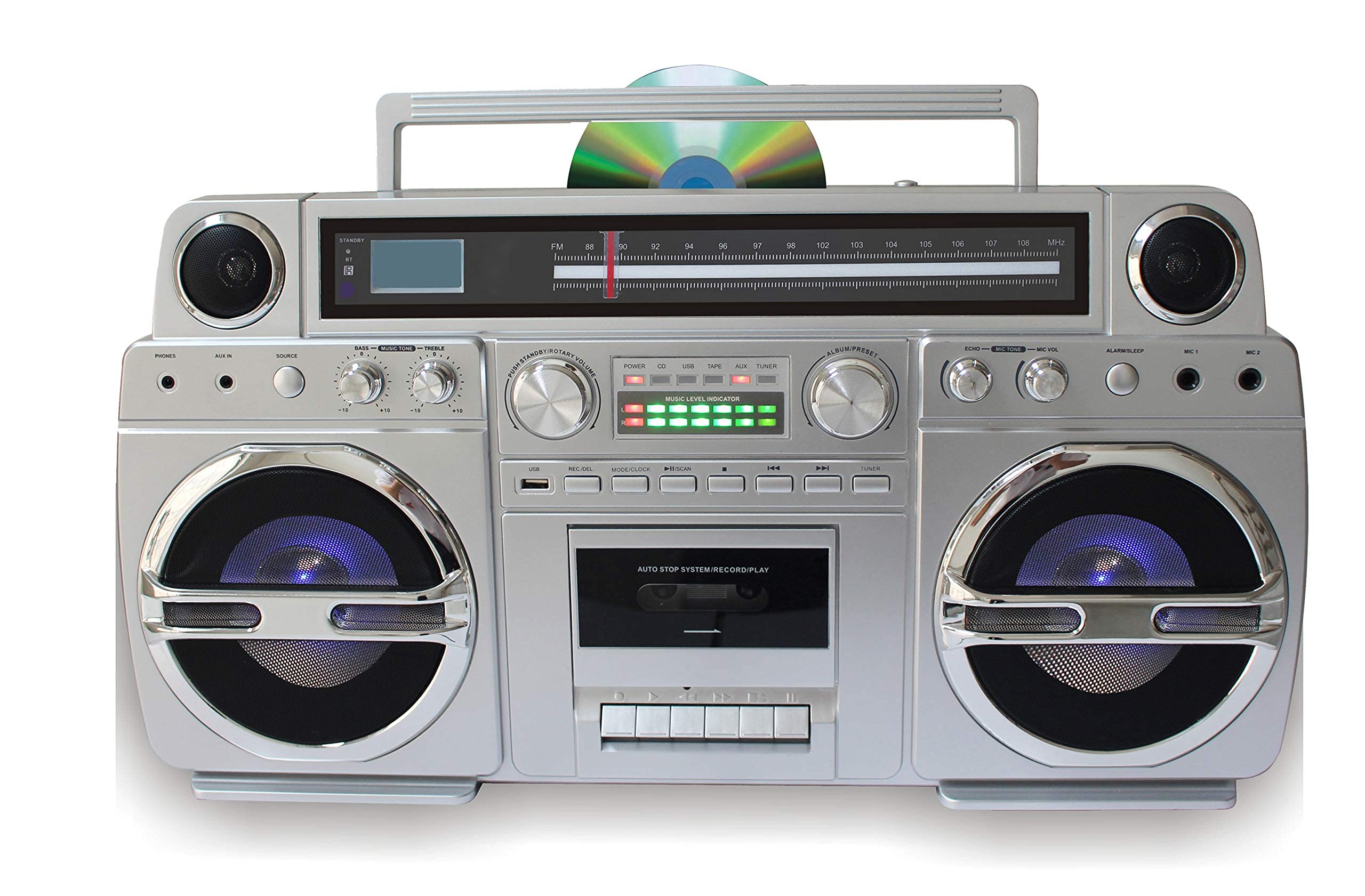 TechPlay Monster 1980S-Style Boom Box CD Player, Cassette Player/Recorder, AM/FM, USB, Bluetooth Speaker with Built-in Rechargeable Battery