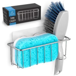 zulay 2-in-1 sponge holder for sink - stainless steel kitchen sink sponge holder with extra strong adhesive - rust proof dish brush holder & dish sponge holder - solid sponge caddy sink organizer