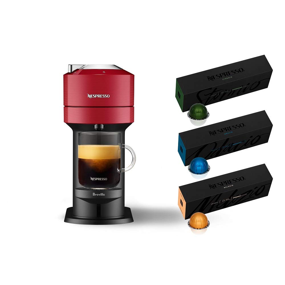 Nespresso Vertuo Next Coffee and Espresso Machine NEW by Breville, Cherry, Coffee Maker and Espresso Machine + Nespresso Capsules VertuoLine, Medium and Dark Roast Coffee, 30 Count Coffee Pods