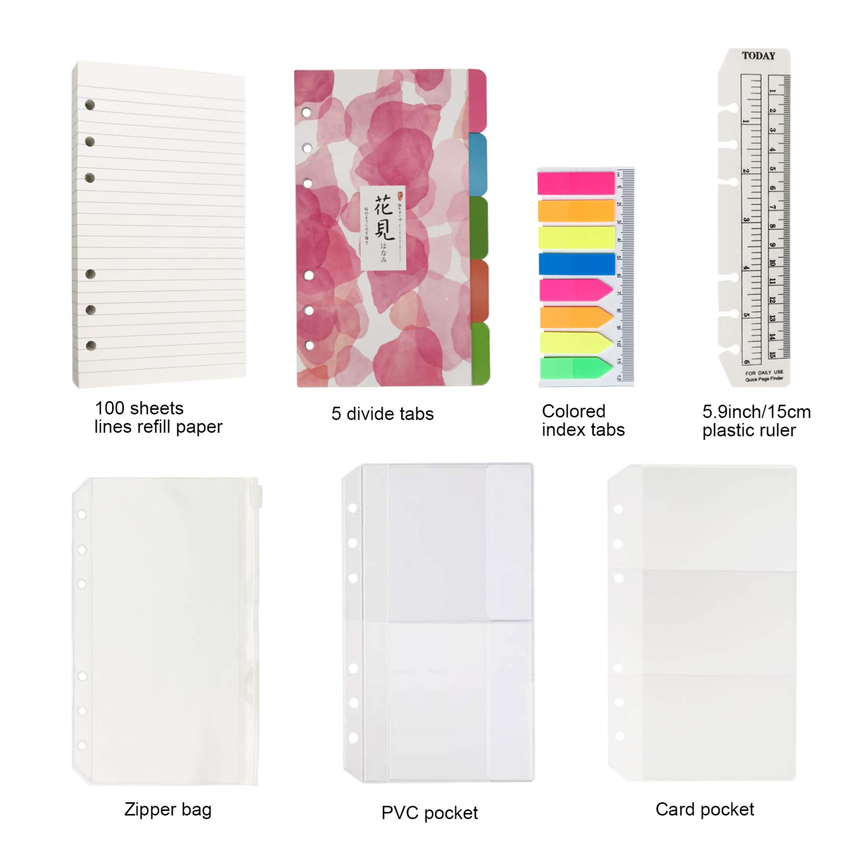 A6 Refill Paper, 100 Sheets Lined Paper, 6 Hole Punched - 5 Binder Dividers, 3 PVC Pouches, 160 Colored Index Tabs, 1 Quick Page Finder, for Filofax Personal Planners, 3.75 x 6.75 Inch