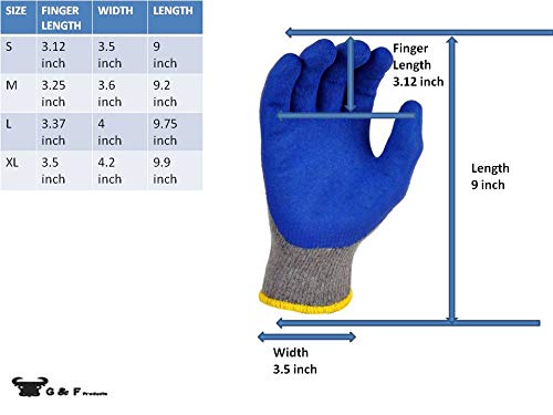 G & F Products Rubber Latex Coated Work Gloves for Construction, Blue, Crinkle Pattern, X-Large (Sold by dozen, 12 Pairs) (1511XL-DZ)