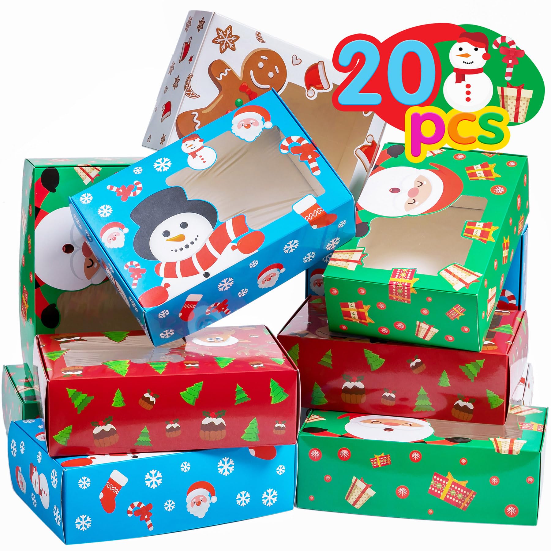 Joy Bang Christmas Cookie Boxes, 20 Pcs Holiday Candy Treat Box Containers with Window for Gift Giving, Santa Snowman Gingerbread Man Cookie Boxes