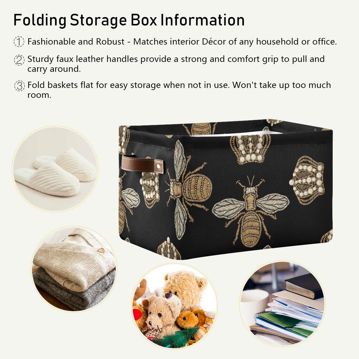 AGONA Large Foldable Storage Bin Gold Embroidery Bee Crown Black Storage Bins Collapsible Decorative Fabric Storage Baskets with Leather Handles for Home Closet Bedroom Organizer Nursery 1 Pack