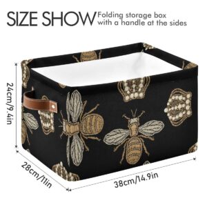 AGONA Large Foldable Storage Bin Gold Embroidery Bee Crown Black Storage Bins Collapsible Decorative Fabric Storage Baskets with Leather Handles for Home Closet Bedroom Organizer Nursery 1 Pack