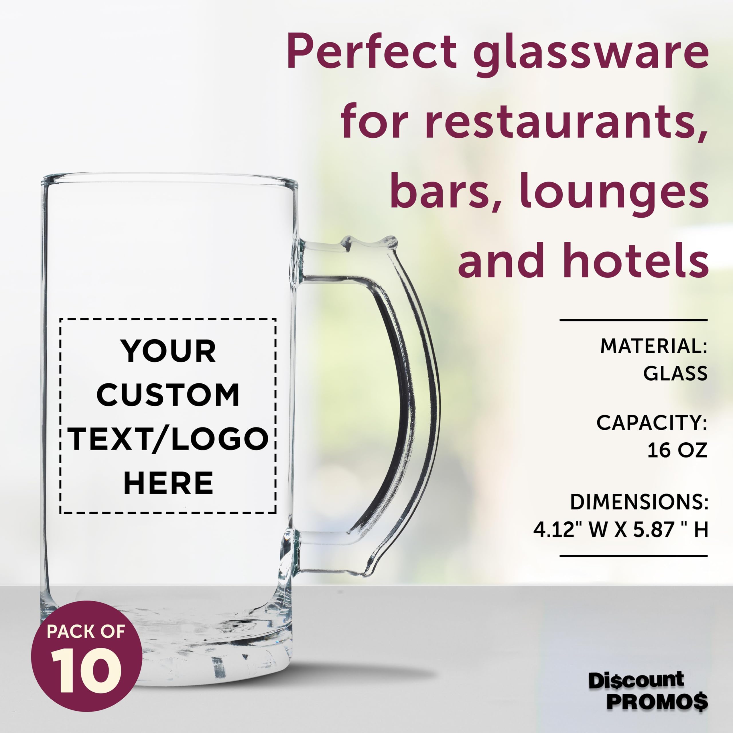 DISCOUNT PROMOS Custom Glass Beer Mug 16 oz. Set of 10, Personalized Bulk Pack - Great for Wedding Favors, Groomsmen Gifts, Birthday Gifts - Clear