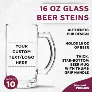 DISCOUNT PROMOS Custom Glass Beer Mug 16 oz. Set of 10, Personalized Bulk Pack - Great for Wedding Favors, Groomsmen Gifts, Birthday Gifts - Clear