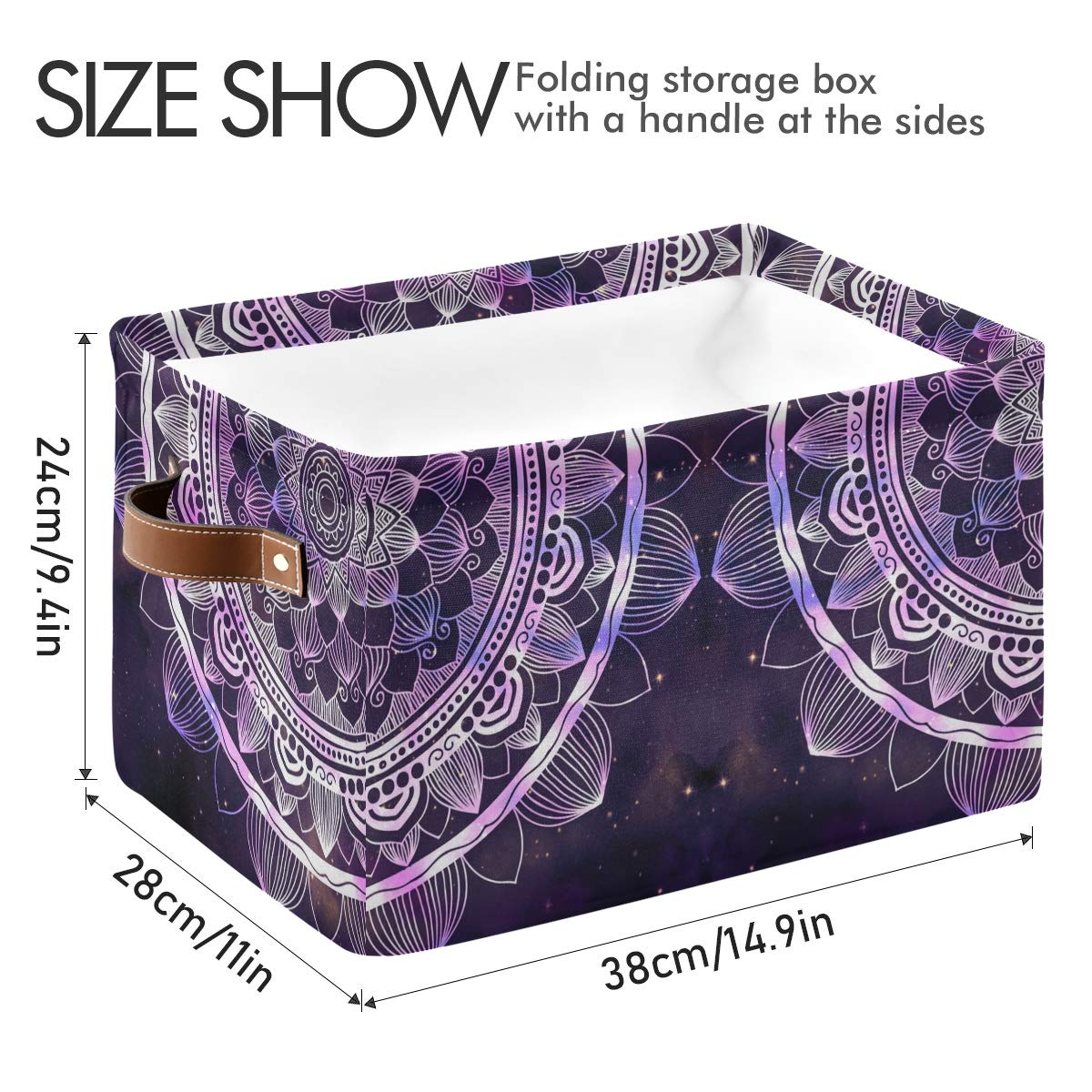 AGONA Abstract Colorful Galaxy Purple Mandala Foldable Storage Bin Large Collapsible Fabric Storage Box Organizer Containers Baskets with Leather Handles for Shelves Home Bedroom Nursery Office 2 Pack