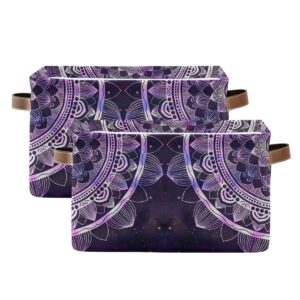 AGONA Abstract Colorful Galaxy Purple Mandala Foldable Storage Bin Large Collapsible Fabric Storage Box Organizer Containers Baskets with Leather Handles for Shelves Home Bedroom Nursery Office 2 Pack