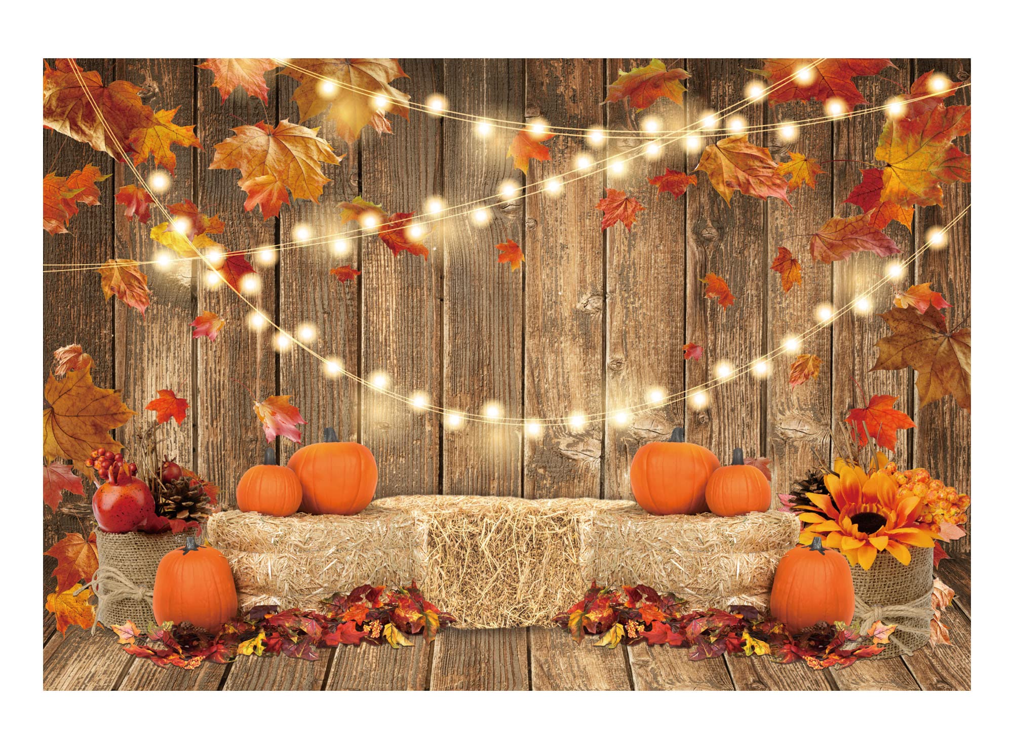 Funnytree 7x5FT Fall Pumpkin Photography Backdrop Autumn Thanksgiving Harvest Hay Leaves Wooden Background Sunflower Maple Baby Shower Banner Decoration Party Supplies Photo Booth Prop