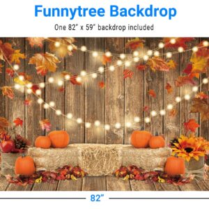 Funnytree 7x5FT Fall Pumpkin Photography Backdrop Autumn Thanksgiving Harvest Hay Leaves Wooden Background Sunflower Maple Baby Shower Banner Decoration Party Supplies Photo Booth Prop